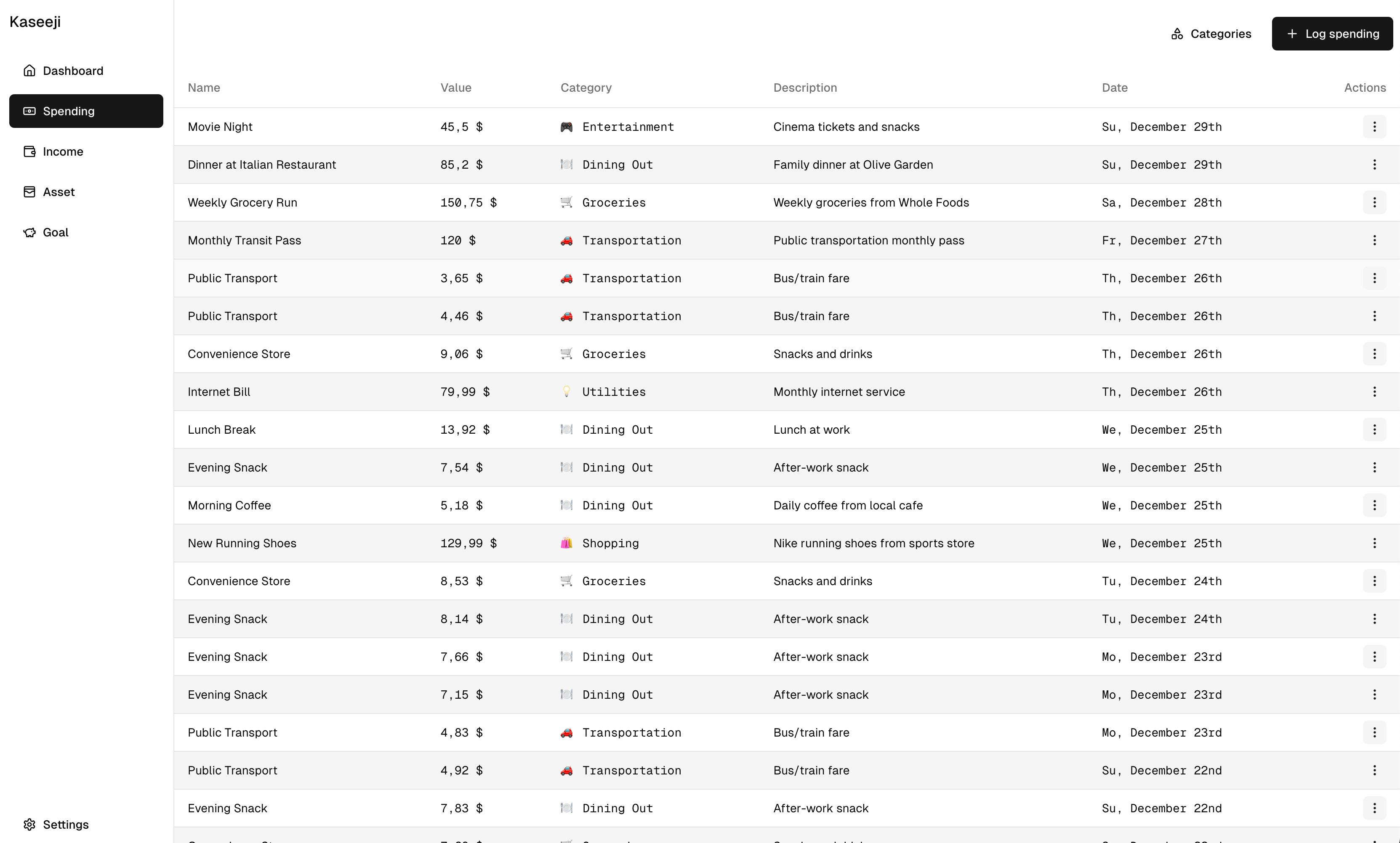 Kaseeji spending tracking interface
